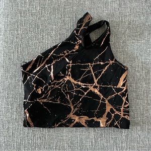 Beyond Yoga Black Rose Gold Splatter Side Strap Sports Bra